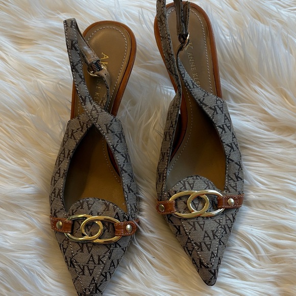 Anne Klein Shoes - Anne Klein Taupe/Beige Logo Slingback Pointed Flats with Gold Accent